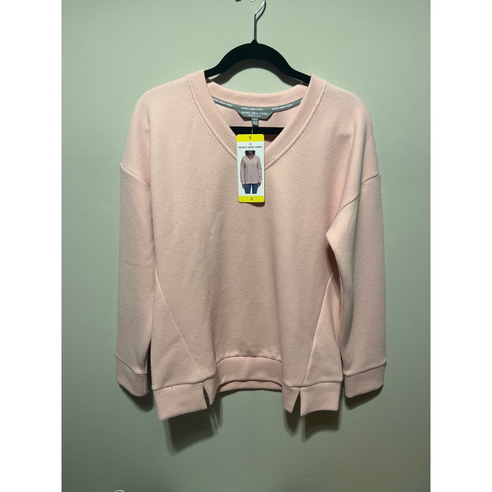 Marc New York Andrew Marc Womens V-Neck Waffle Knit Sweatshirt Rosewater Pink S